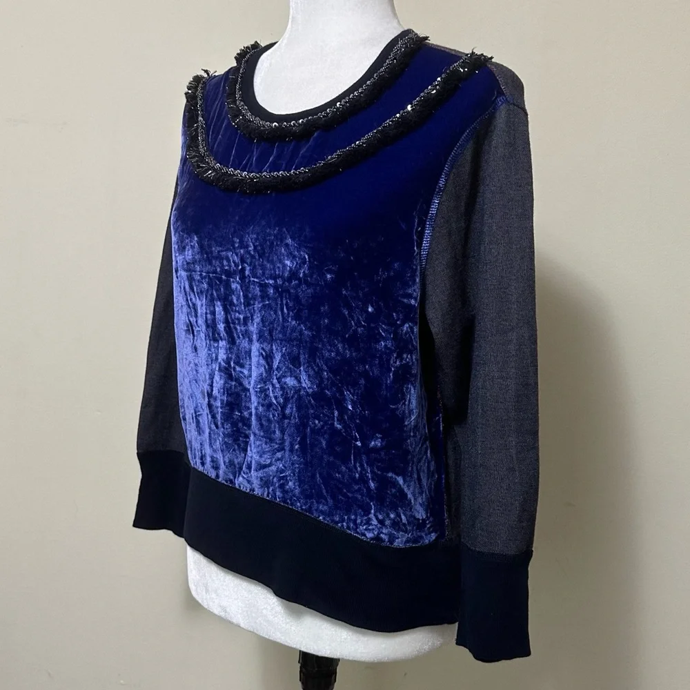 J Crew Black Label Blue Crush Velvet Beads Silver Tinsel Fringe Pullover Top S/M - Picture 4 of 15